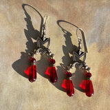 Red glass and crystal earrings. 