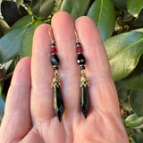 Antique Jet Czech Glass Prism Earrings with Garnet Accents "Arcadia 31"