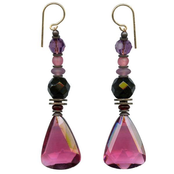 Pink glass earrings with jet accents. German and Czech glass with Austrian crystal accents. Handmade in the USA.