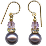 Light amethyst pearl coated crystal earrings. Austrian crystal top beads, gold accents.