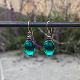 Teal glass earrings, handmade in the USA using German glass and sterling silver ear wires.