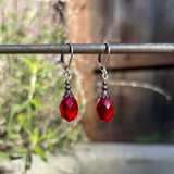 Red gemstone earrings hanging on a metal rod with a natural background