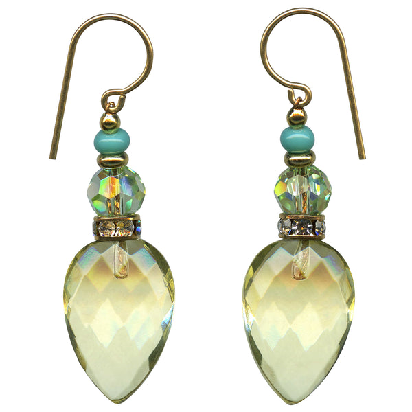 Yellow glass earrings with rhinestones. Iridescent peridot Austrian crystal focal beads. Czech glass turquoise top beads. Handmade in the USA.
