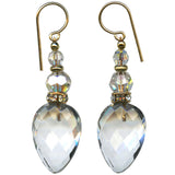 Clear glass earrings with iridescent Austrian crystal accents. Gold trim. Handmade in the USA.