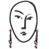 Necklace with colorful beads on a white background with a black line drawing of a face.