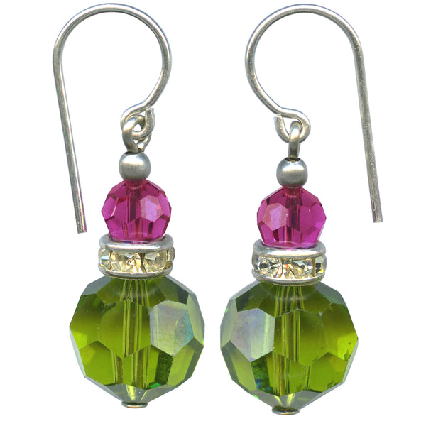 bright green and pink glass earrings.