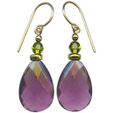 A pair of teardrop-shaped drop earrings with faceted purple amethyst stones, olive green beads, and gold-filled wire hooks, shown against a plain white background.