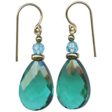 A pair of teardrop-shaped drop earrings with faceted turquoise-green beads, small light blue beads, and antique gold-tone hooks on a plain white background.