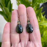 Green glass earrings with gold trim.
