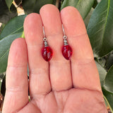 A pair of dangling earrings with polished red teardrop beads and silver metal caps, shown resting on an open hand with green leaves in the background.