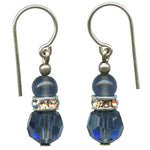 Pair of earrings with blue beads and silver accents on a white background
