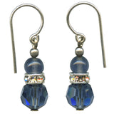 Pair of earrings with blue beads and silver accents on a white background