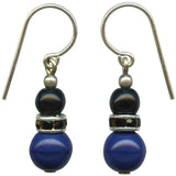 Pair of earrings with black and blue beads on a white background