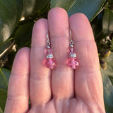 Pink glass earrings. Rhinestone accents, silver ear wires.