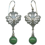 Jade green Czech glass earrings with silver filigree design from Owen Glass Collection, elegant jewelry for special occasions.