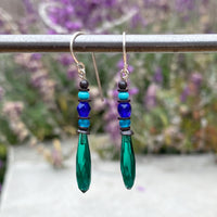 Teal prism earrings. Antique Czech glass with bronze accents and sterling silver ear wires. Handmade in the USA.