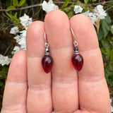 Garnet glass drop earrings with hematite top beads in Austrian crystal. Earrings held in a hand with leafy background.