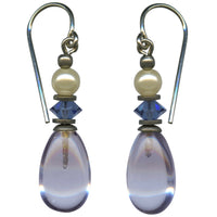 Light amethyst glass earrings. Glass pearls and indigo crystal top beads. Handmade earrings, made in the USA.