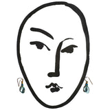 Black line drawing of a face with earrings on a white background