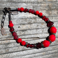 Red beaded bracelet. Czech glass and Austrian crystal. Handmade. 