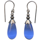 Sapphire blue glass drop earrings, made in the USA.