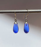 Sapphire blue glass drop earrings. Made in the USA with German glass, designed by Allen Owen. 