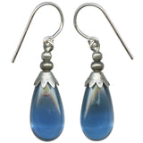 Indigo blue glass drop earrings with silver trim.