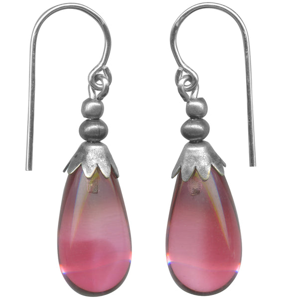 Pink glass drop earrings, handmade in the USA.