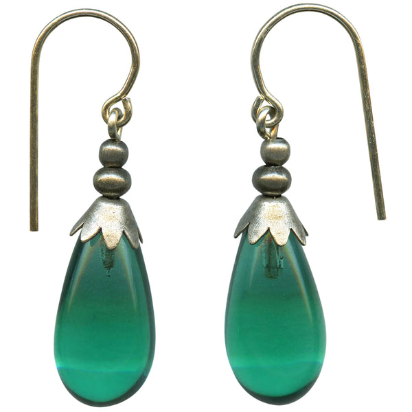 Teal green glass drop earrings.