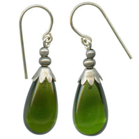 Moss green glass earrings, handmade in the USA.