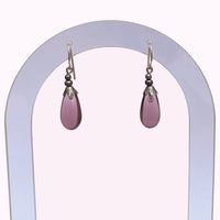 Mauve glass earrings. German glass, from our collection, designed by Allen Owen. All handwork done in the USA.
