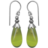 Bright green glass drop earrings with silver ear wires. Handmade in the USA using European glass. 