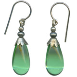 Green teardrop earrings with silver accents on a white background