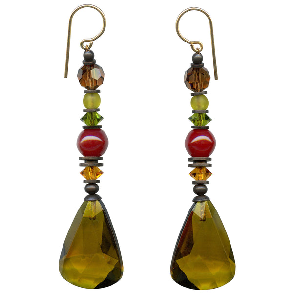 Olive green glass earrings. Red and smoke  topaz accents. Handmade in the USA using European glass. 