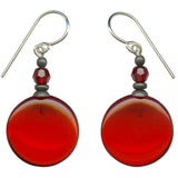 Red glass earrings, bronze accents. Handmade in the USA.
