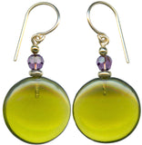 Bright olive green glass earrings. Top beads are amethyst Austrian crystal. Ear wires are 14 karat gold-filled. All handwork done in the USA.