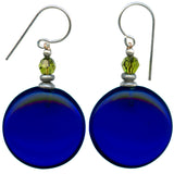 Pair of blue round earrings with green beads on a white background