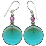 Teal glass earrings with fuchsia crystal top beads.