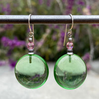 Pink and green earrings. German glass with Austrian crystal top beads.