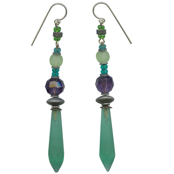 Antique prisms, frosted emerald green glass drops. Art deco era glass. Peridot and amethyst accents are Czech glass. Sterling silver ear wires. All  handwork done in the USA.