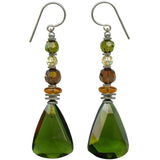 Green glass earrings with topaz, smoke topaz and jonquil yellow accents in Austrian crystal and Czech glass. 