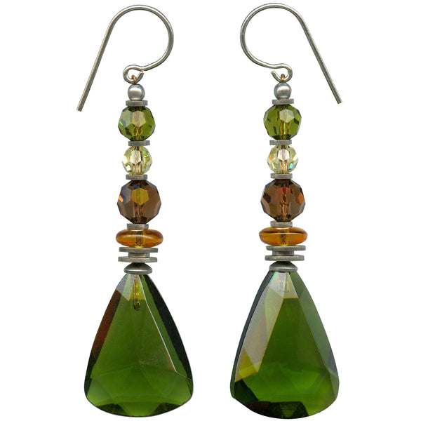 Green glass earrings with topaz, smoke topaz and jonquil yellow accents in Austrian crystal and Czech glass. 