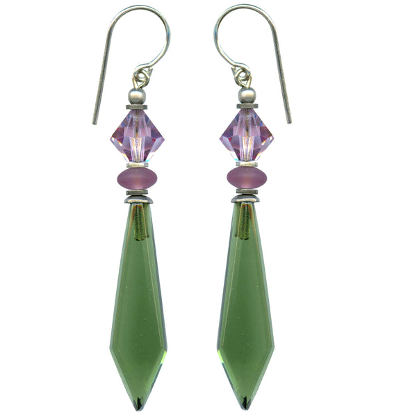 Green glass earrings with purple accents.