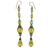 Yellow Czech glass and Austrian crystal shoulder duster earrings. Metal trim is antiqued bronze with gold-filled ear wires.
