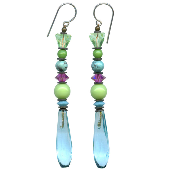 Aquamarine chandelier earrings. German glass prisms with Austrian crystal and turquoise accents. Handmade in the USA.