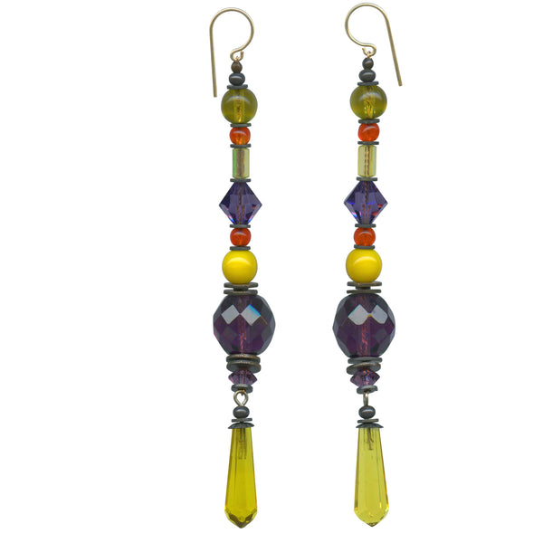 Antique glass shoulder duster earrings in shades of yellow, amethyst and bright orange. Handmade in the USA.