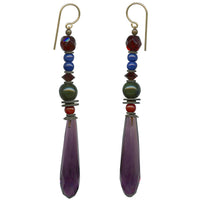 Byzantium purple chandelier earrings. Czech glass accents in tourmaline green, garnet and cobalt. Metal trim is antiqued bronze. Ear wires are 14 karat gold filled. All handwork done in the USA.