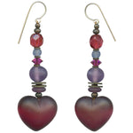 Frosted dark pink heart earrings. German glass hears with accent beads in Czechoslovakian glass and Austrian crystal. Metal trim is antiqued bronze with sterling silver ear wires. All handwork done in the USA.