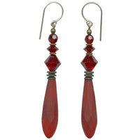 Frosted red glass prism earrings with Austrian crystal accents. Sterling silver ear wires with bronze trim. Handmade in the USA.