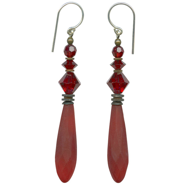 Frosted red glass prism earrings with Austrian crystal accents. Sterling silver ear wires with bronze trim. Handmade in the USA.